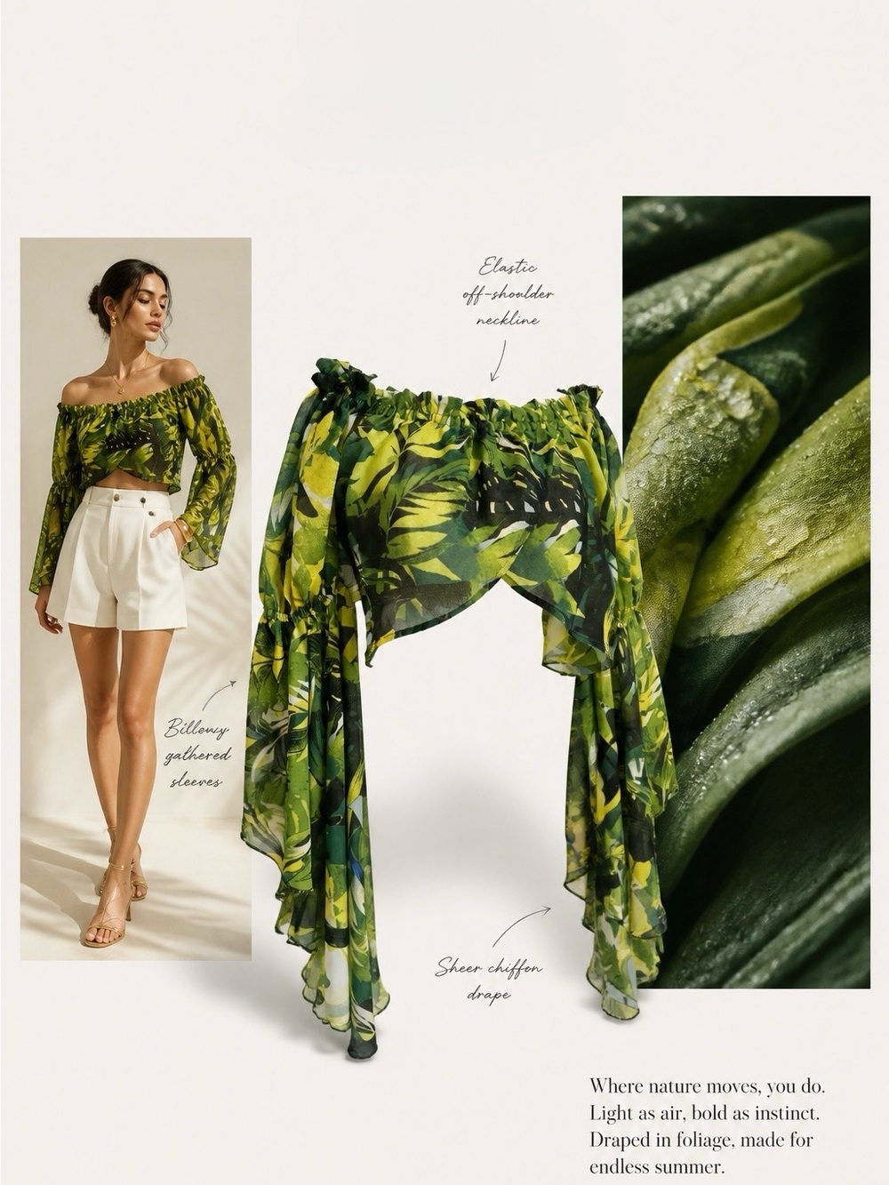 Live 4 Truth Green Tropical Off-Shoulder Bell Sleeve Crop Top - Picture 9 of 14
